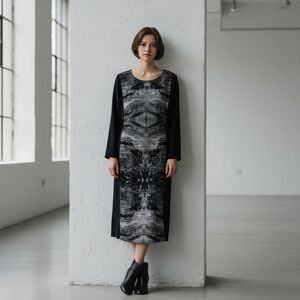 Silvae Silk Abstract Print Asymmetrical Sheer Long Sleeve Dress Black Grey Small